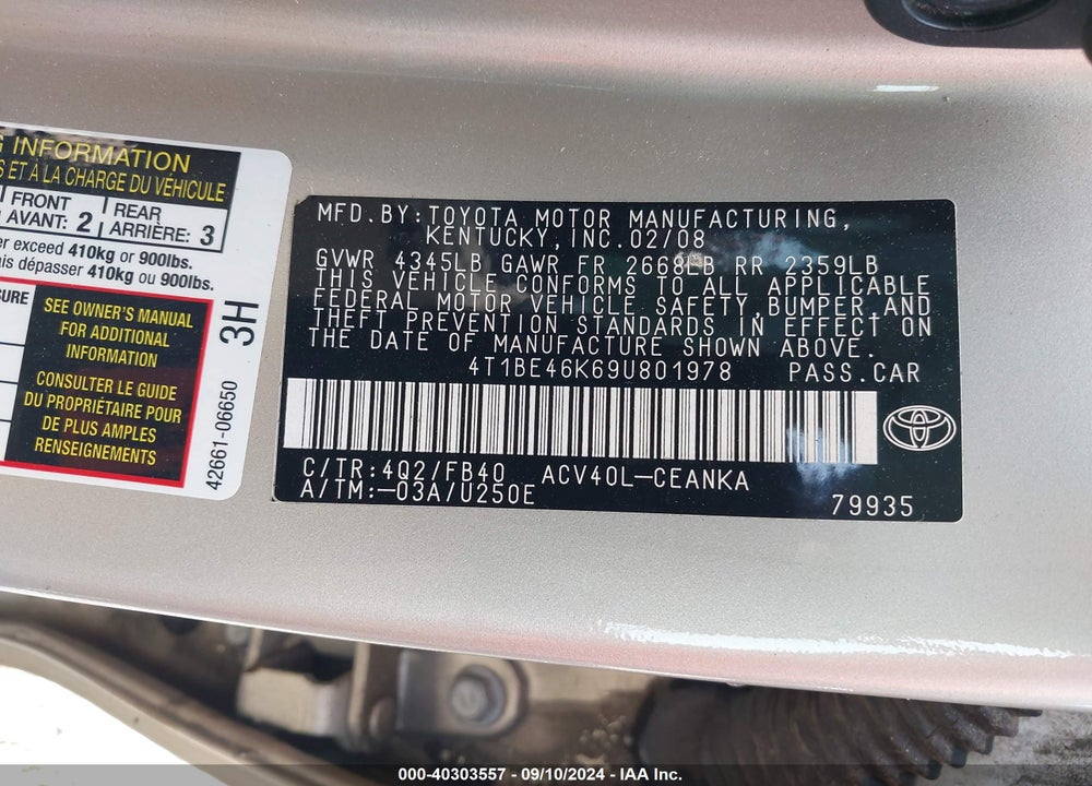 2009 TOYOTA CAMRY LE VIN: 4T1BE46K69U801978
