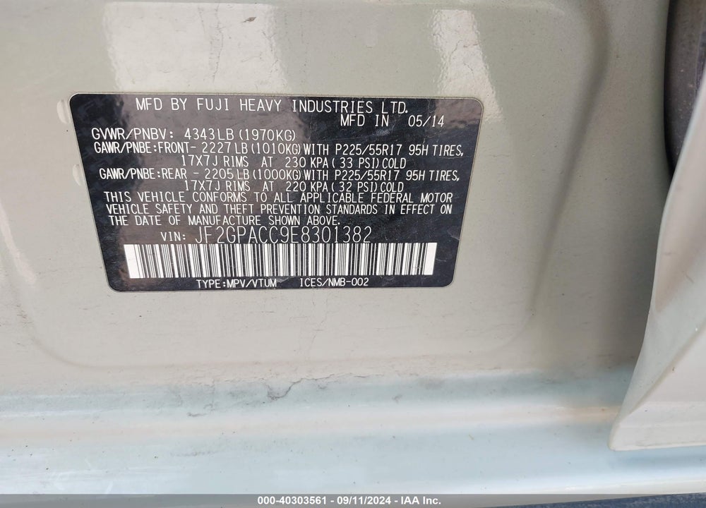 2014 SUBARU XV CROSSTREK 2.0I PREMIUM VIN: JF2GPACC9E8301382