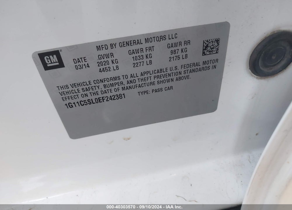 2014 CHEVROLET MALIBU 1LT VIN: 1G11C5SL0EF242381