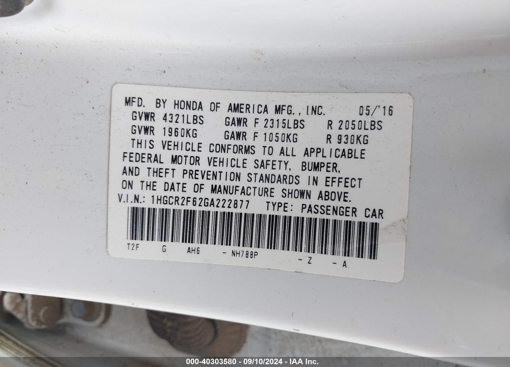 2016 HONDA ACCORD SPORT VIN: 1HGCR2F62GA222877