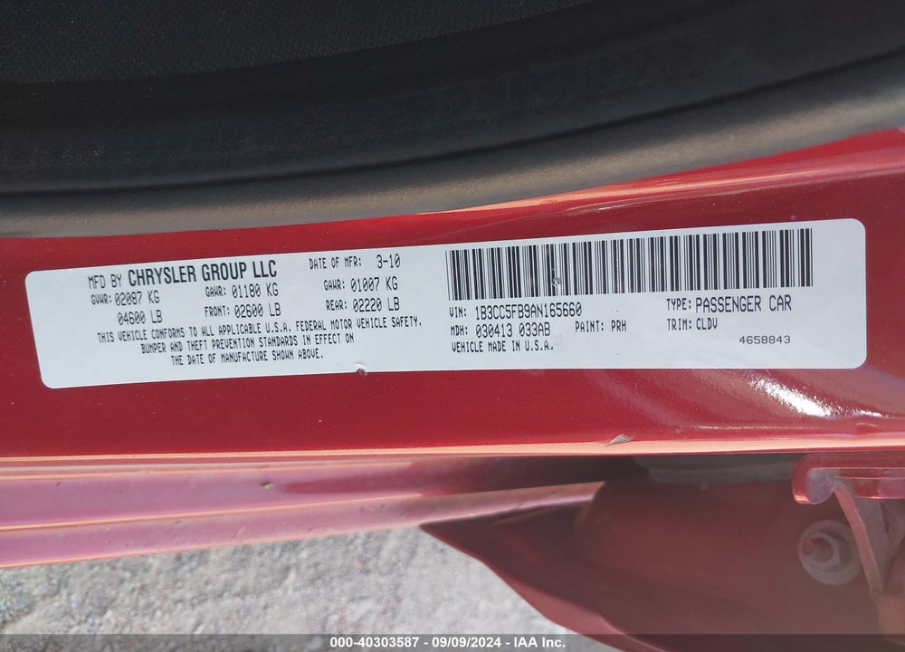 2010 AVENGER DODGE  R/T VIN: 1B3CC5FB9AN165660