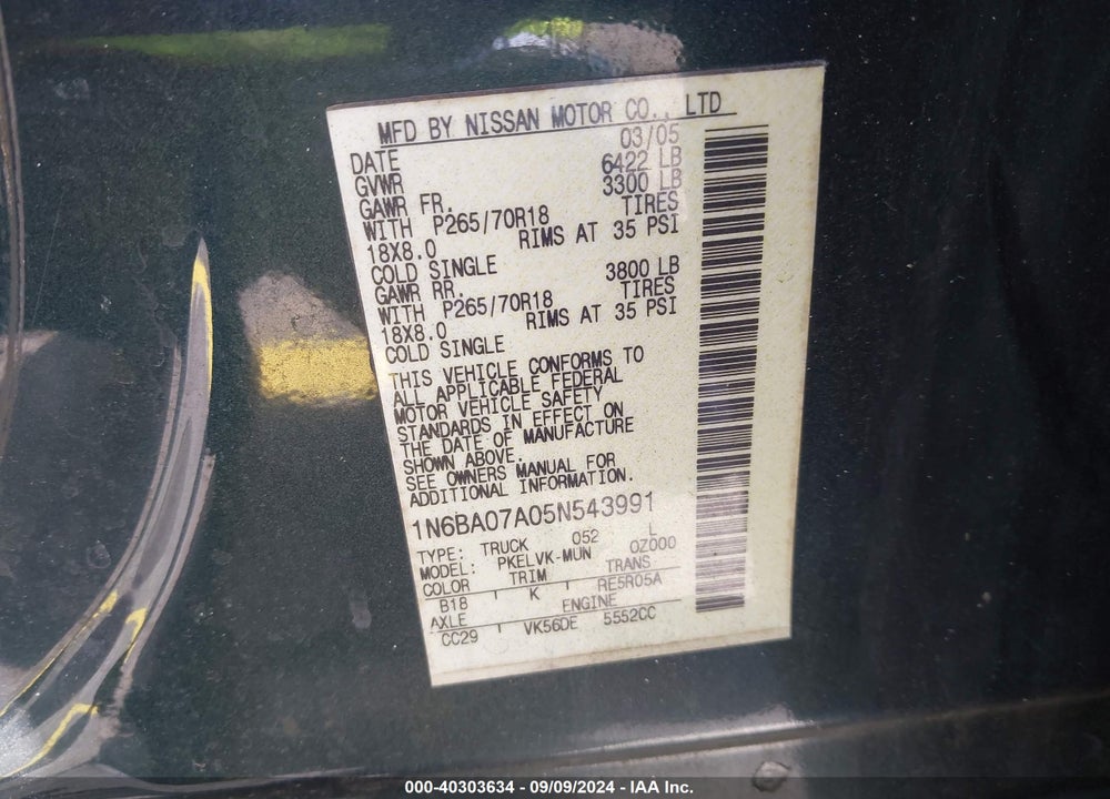 2005 NISSAN TITAN LE VIN: 1N6BA07A05N543991