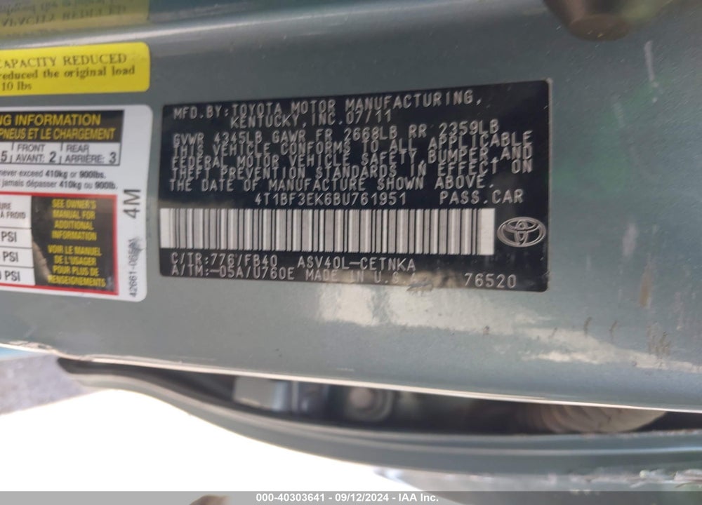 2011 TOYOTA CAMRY LE VIN: 4T1BF3EK6BU761951
