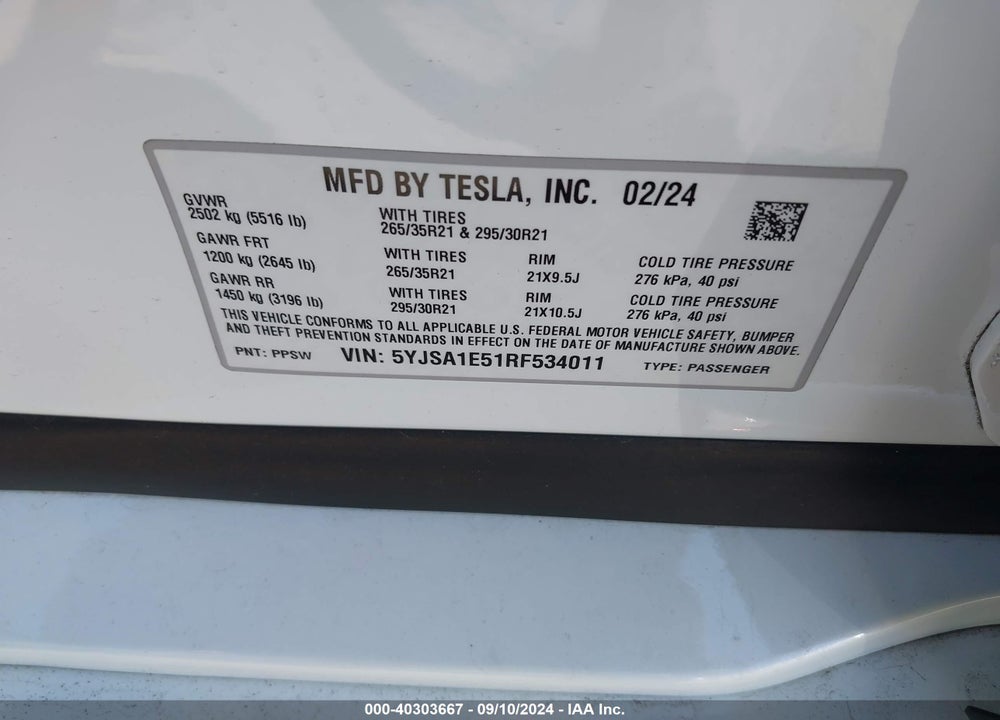 2024 TESLA MODEL S LONG RANGE VIN: 5YJSA1E51RF534011