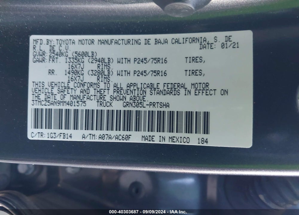 2021 TOYOTA TACOMA SR V6 VIN: 3TMCZ5AN9MM401575
