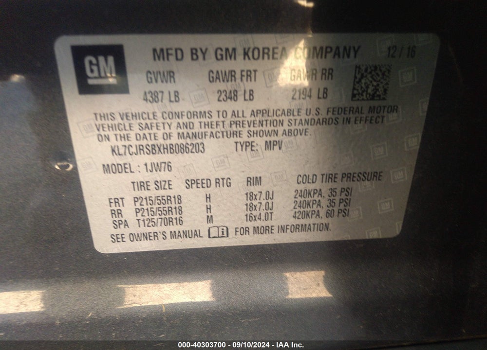 2017 CHEVROLET TRAX PREMIER VIN: KL7CJRSBXHB086203