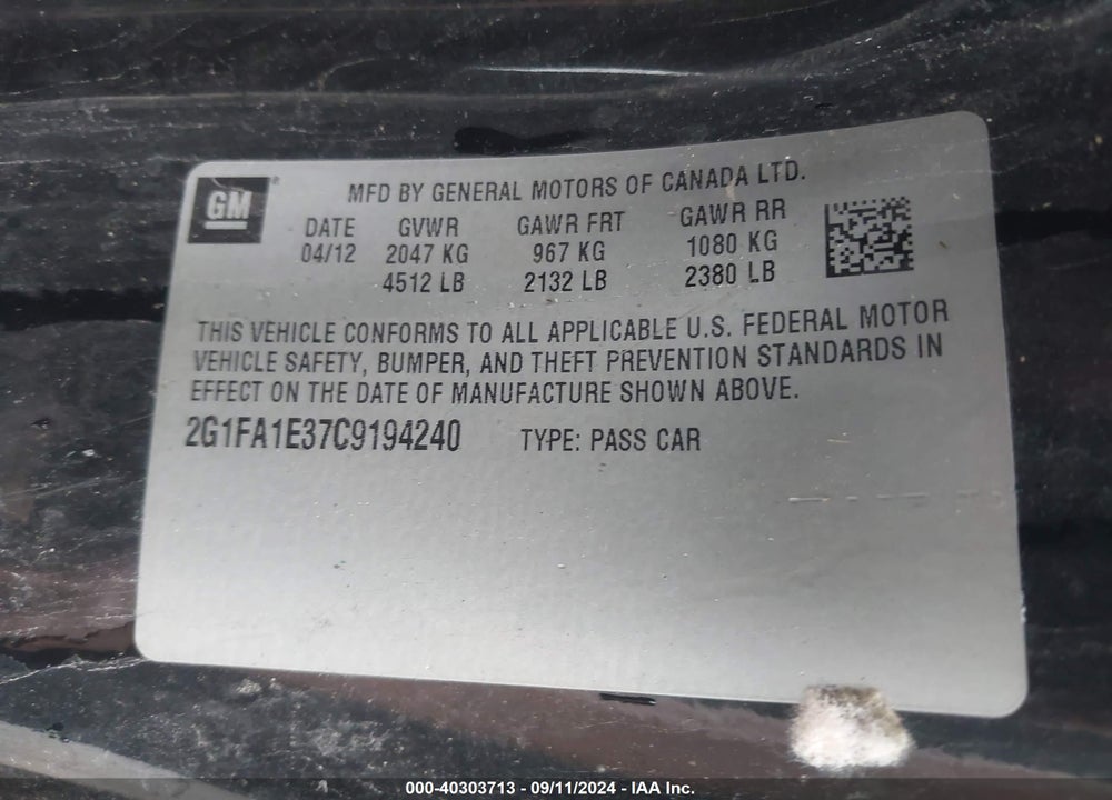 2012 CHEVROLET CAMARO 2LS VIN: 2G1FA1E37C9194240
