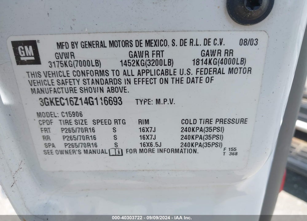 2004 GMC YUKON XL 1500 SLE VIN: 3GKEC16Z14G116693