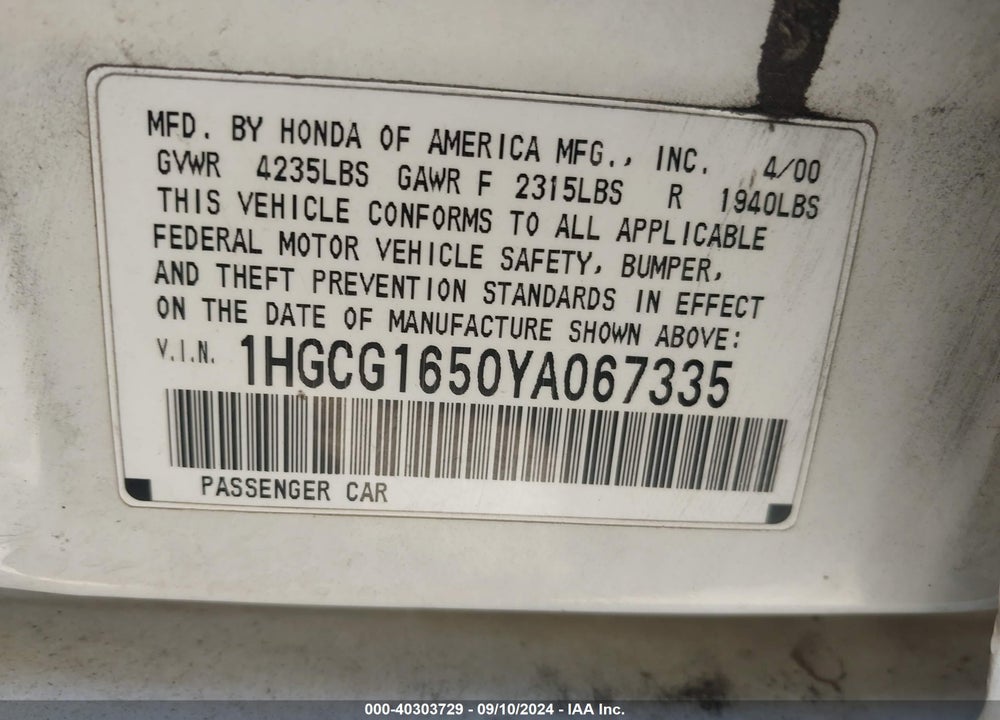 2000 HONDA ACCORD 3.0 EX VIN: 1HGCG1650YA067335
