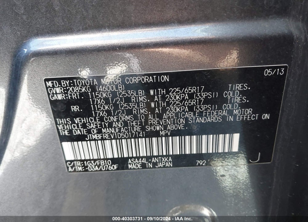 2013 TOYOTA RAV4 LE VIN: JTMBFREV1D5017141