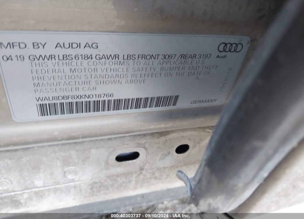 2019 AUDI A8 L 55 VIN: WAU8DBF8XKN018766
