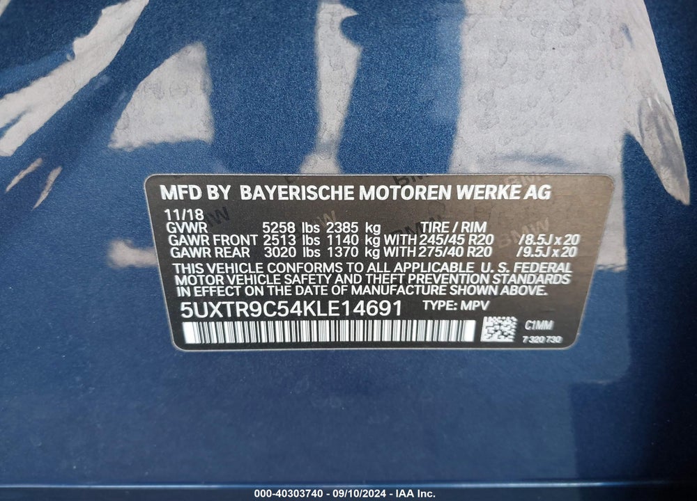 2019 BMW X3 XDRIVE30I VIN: 5UXTR9C54KLE14691