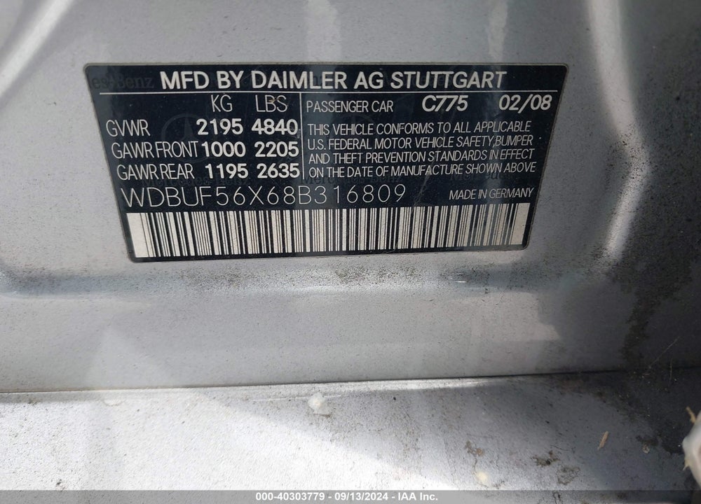 2008 MERCEDES-BENZ E 350 VIN: WDBUF56X68B316809