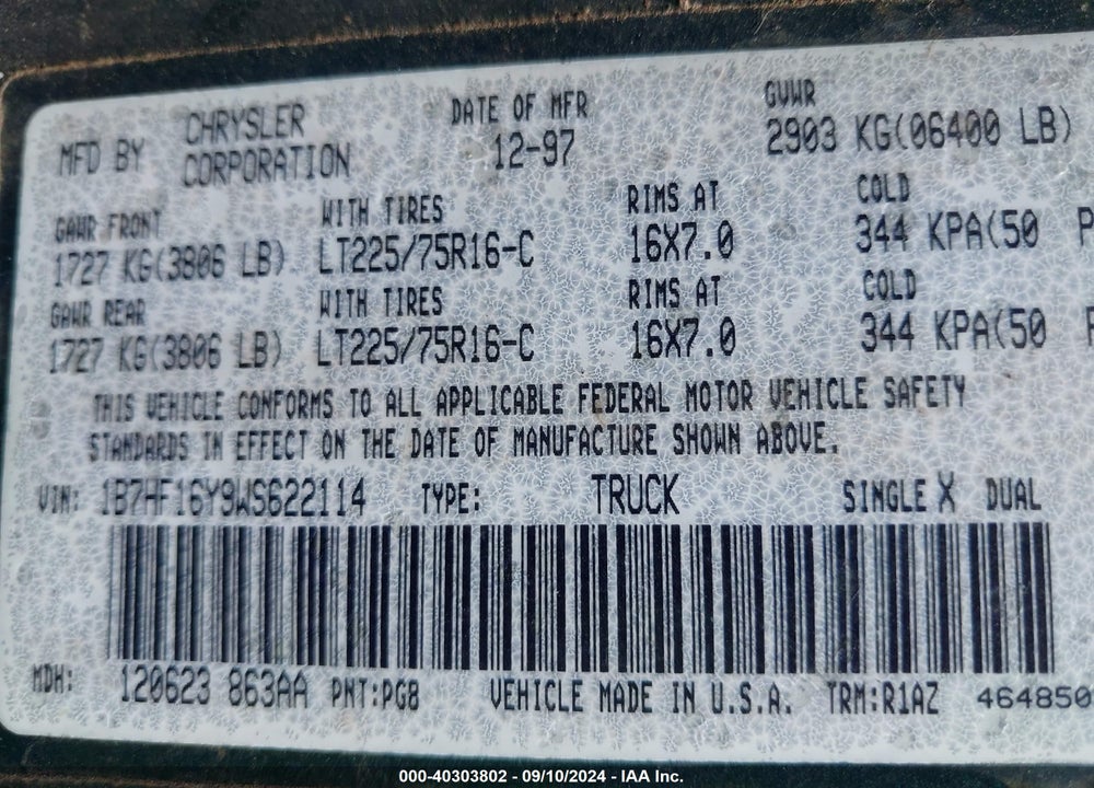 1998 DODGE RAM 1500 ST VIN: 1B7HF16Y9WS622114