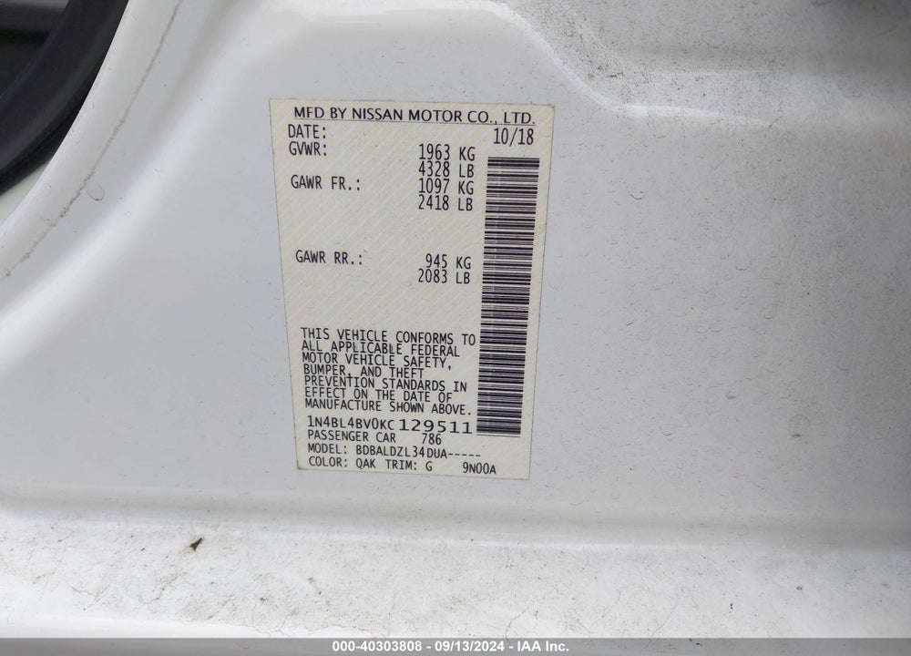 2019 NISSAN ALTIMA 2.5 S VIN: 1N4BL4BV0KC129511