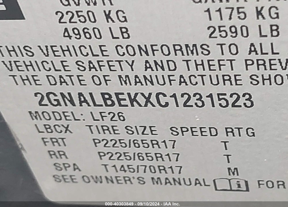 2012 CHEVROLET EQUINOX LS VIN: 2GNALBEKXC1231523