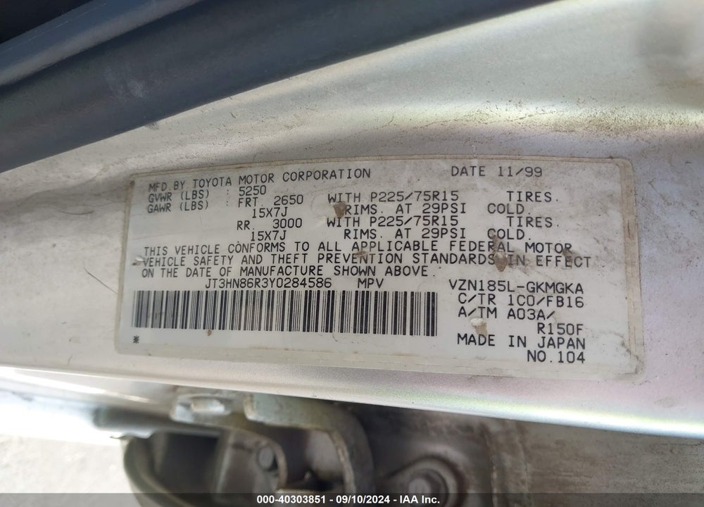 2000 TOYOTA 4RUNNER SR5 V6 VIN: JT3HN86R3Y0284586