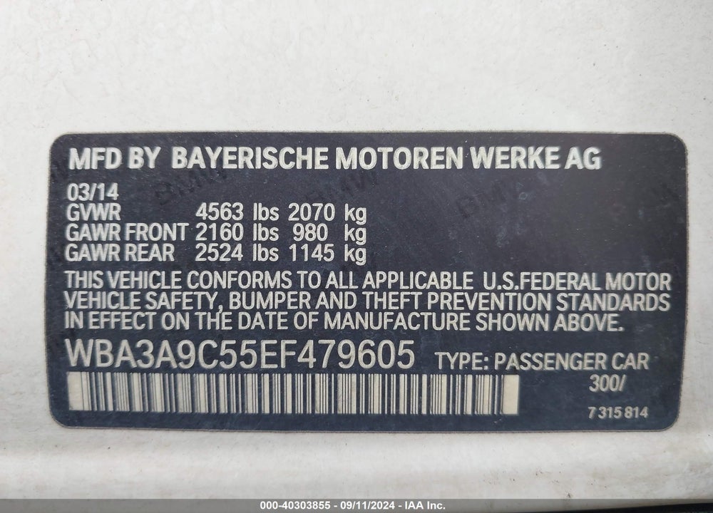 2014 BMW 335I VIN: WBA3A9C55EF479605