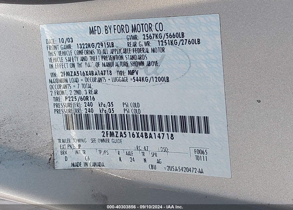 2004 FORD FREESTAR SE VIN: 2FMZA516X4BA14718