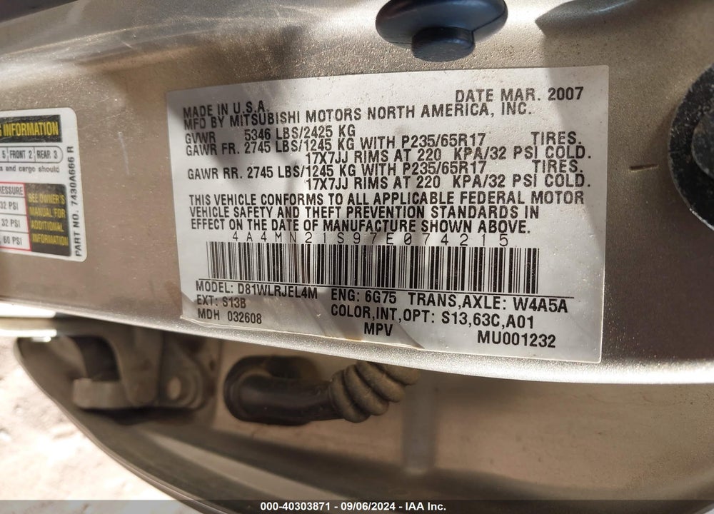 2007 MITSUBISHI ENDEAVOR LS VIN: 4A4MN21S97E074215