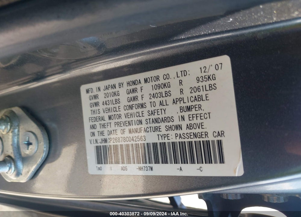 2008 HONDA ACCORD 2.4 EX-L VIN: JHMCP26878C042563