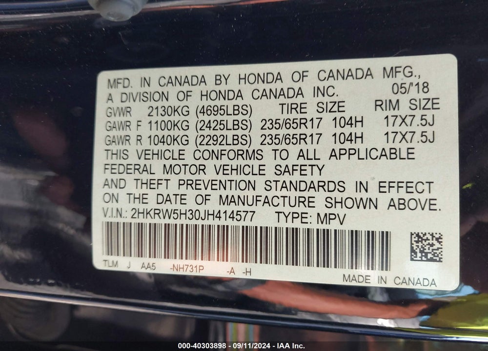 2018 HONDA CR-V LX VIN: 2HKRW5H30JH414577