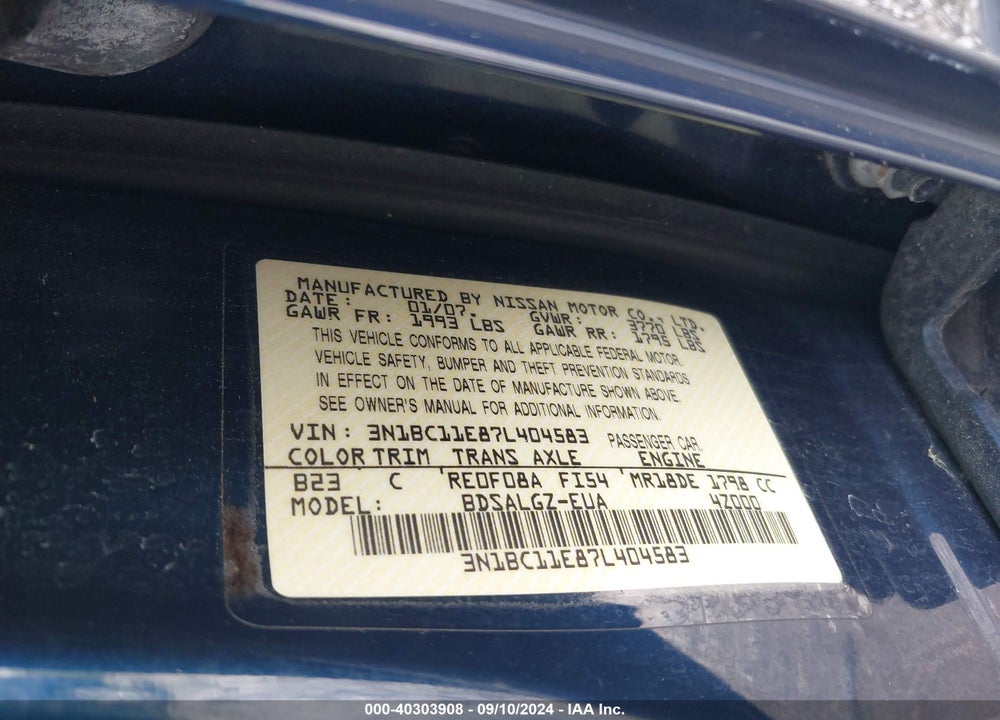 2007 NISSAN VERSA 1.8SL VIN: 3N1BC11E87L404583