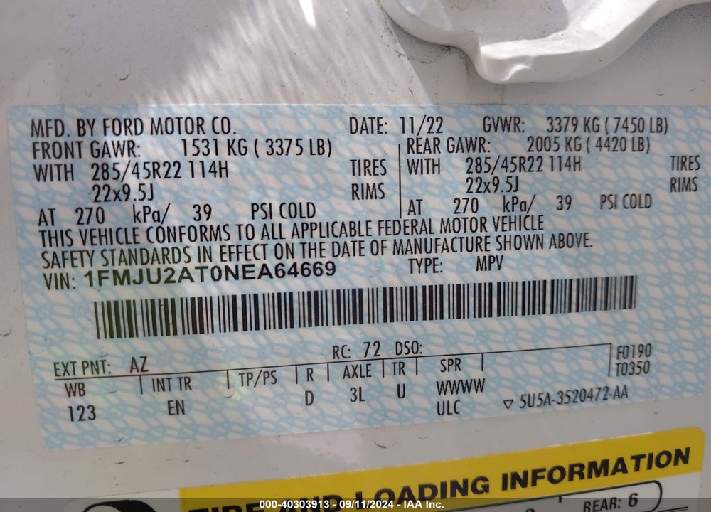 2022 FORD EXPEDITION LIMITED VIN: 1FMJU2AT0NEA64669