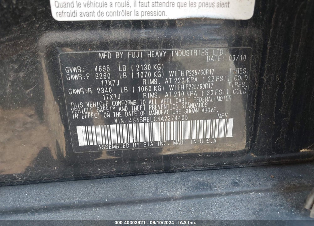 2010 SUBARU OUTBACK 3.6R LIMITED VIN: 4S4BRELC4A2374405
