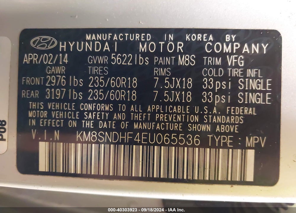 2014 HYUNDAI SANTA FE GLS VIN: KM8SNDHF4EU065536