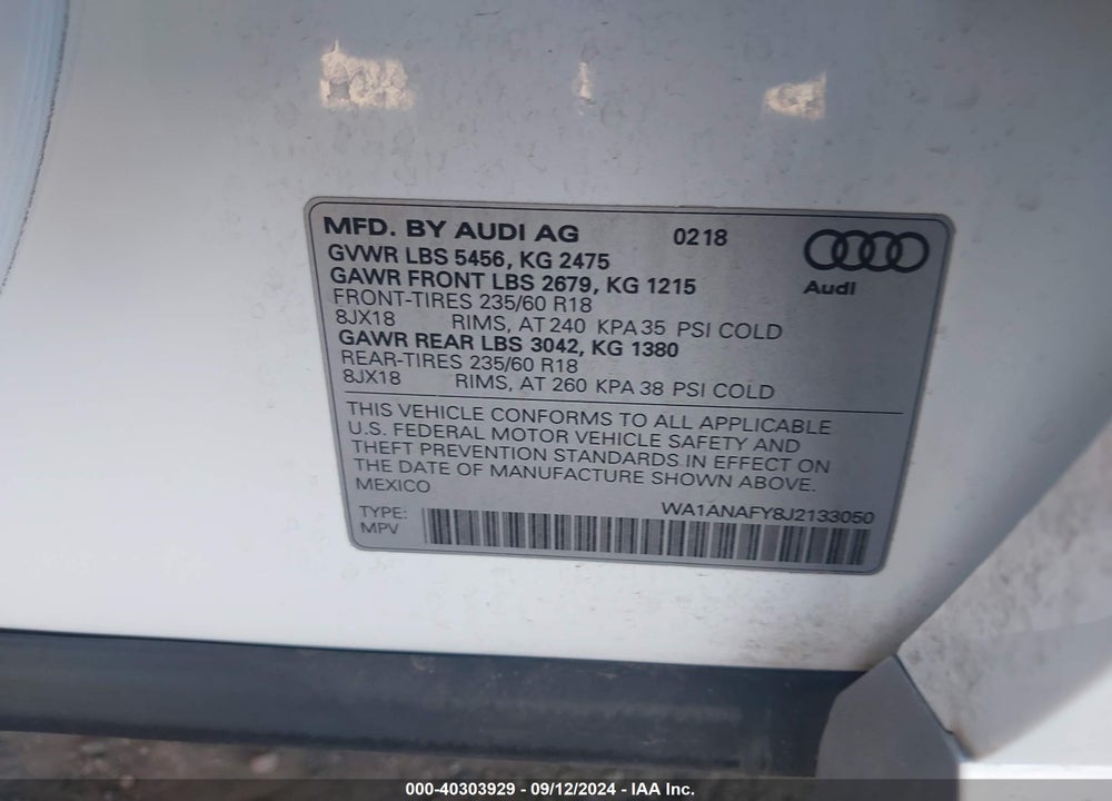 2018 AUDI Q5 2.0T PREMIUM/2.0T TECH PREMIUM VIN: WA1ANAFY8J2133050
