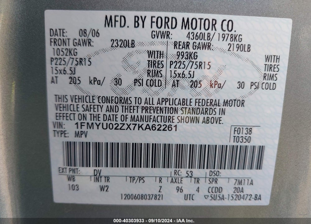2007 FORD ESCAPE XLS/XLS MANUAL VIN: 1FMYU02ZX7KA62261