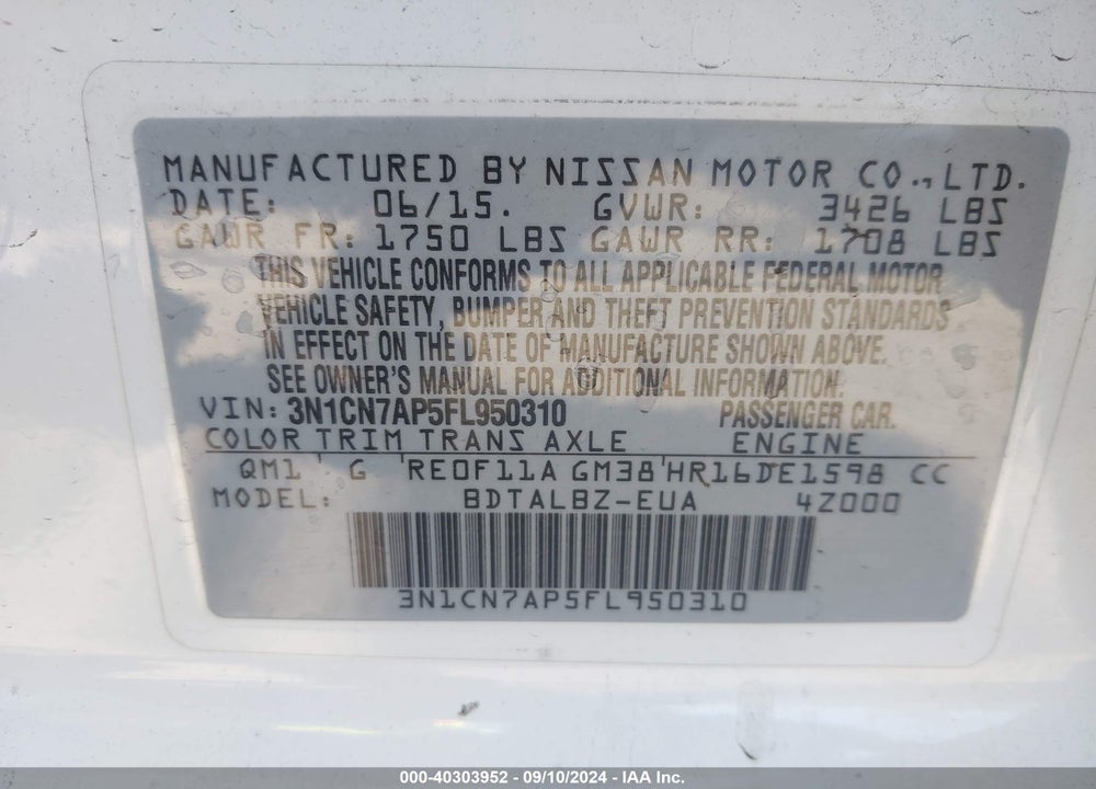2015 NISSAN VERSA 1.6 SV VIN: 3N1CN7AP5FL950310