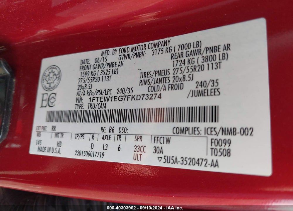 2015 FORD F-150 LARIAT VIN: 1FTEW1EG7FKD73274