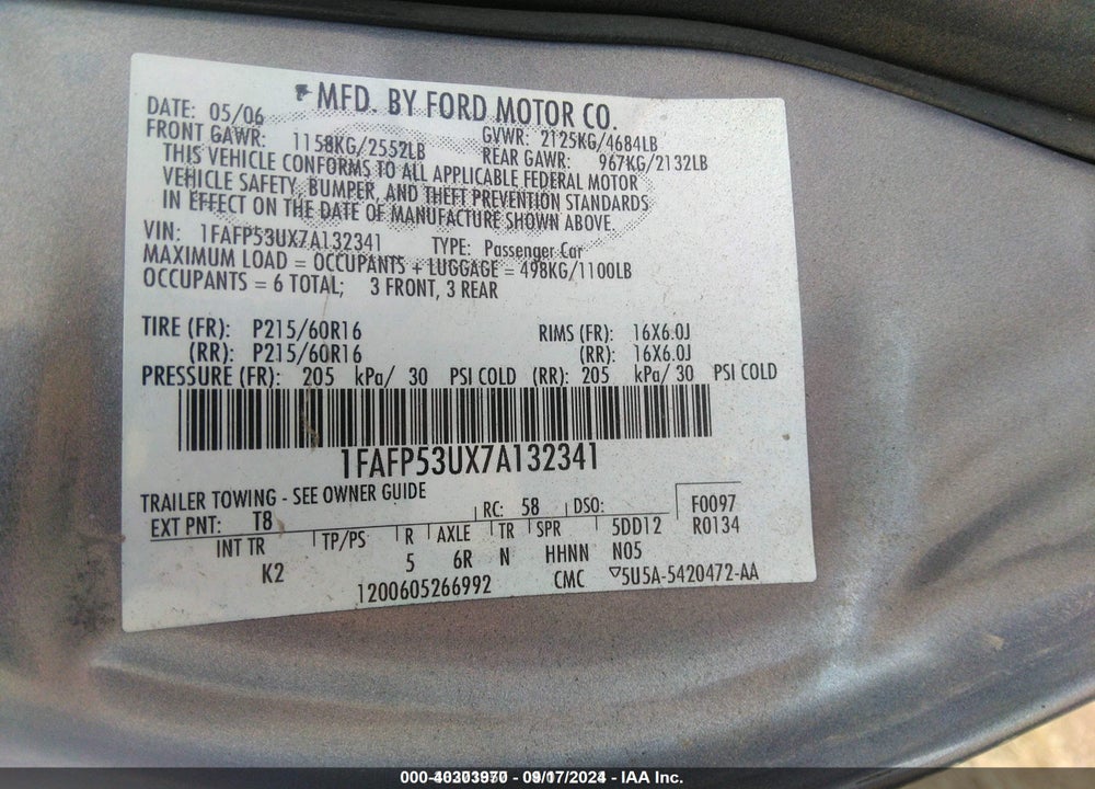2007 FORD TAURUS VIN: 1FAFP53UX7A132341