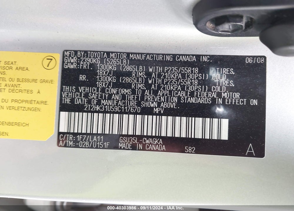 2009 LEXUS RX 350 VIN: 2T2HK31U59C117670