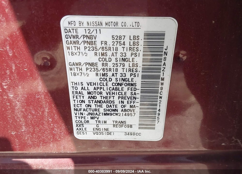 2012 NISSAN MURANO SL VIN: JN8AZ1MW9CW214957