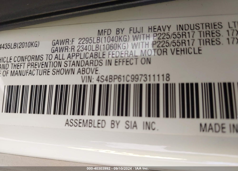 2009 SUBARU OUTBACK 2.5I VIN: 4S4BP61C997311118