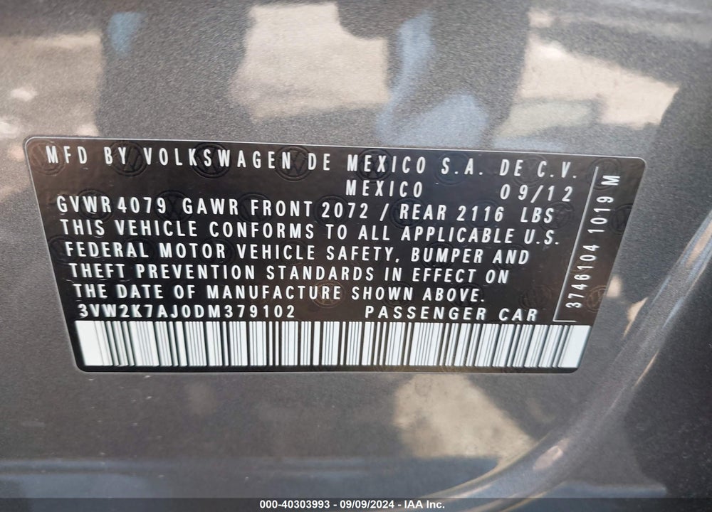 2013 VOLKSWAGEN JETTA 2.0L S VIN: 3VW2K7AJ0DM379102