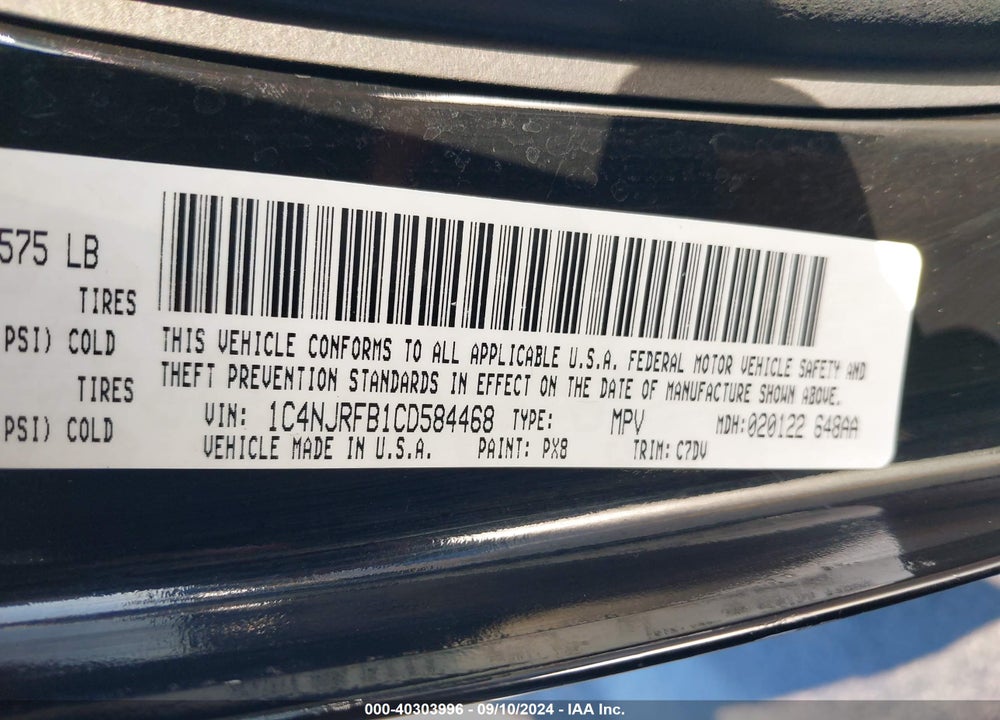 2012 JEEP PATRIOT LATITUDE VIN: 1C4NJRFB1CD584468