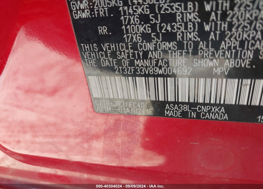 2009 TOYOTA RAV4 VIN: 2T3ZF33V89W004692
