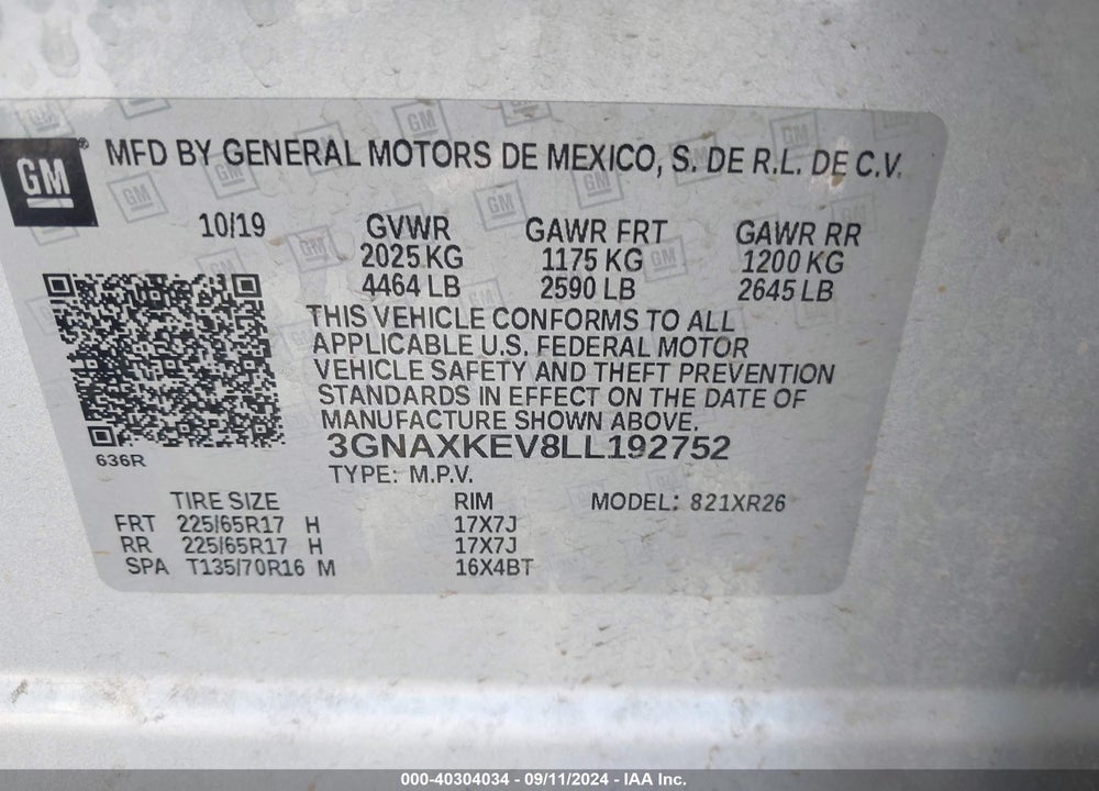 2020 CHEVROLET EQUINOX FWD LT 1.5L TURBO VIN: 3GNAXKEV8LL192752