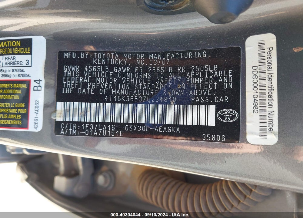 2007 TOYOTA AVALON XLS VIN: 4T1BK36B37U234810