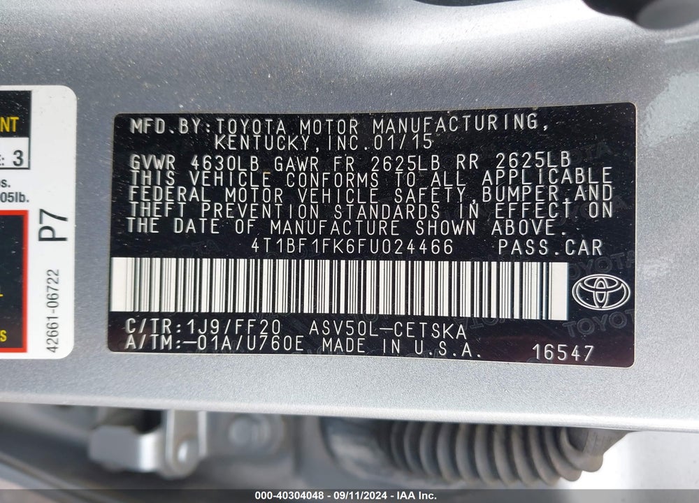 2015 TOYOTA CAMRY SE VIN: 4T1BF1FK6FU024466