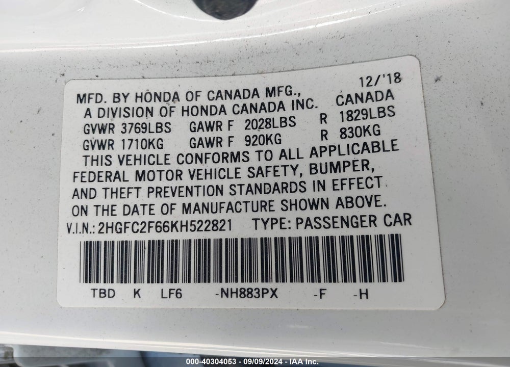 2019 HONDA CIVIC LX VIN: 2HGFC2F66KH522821