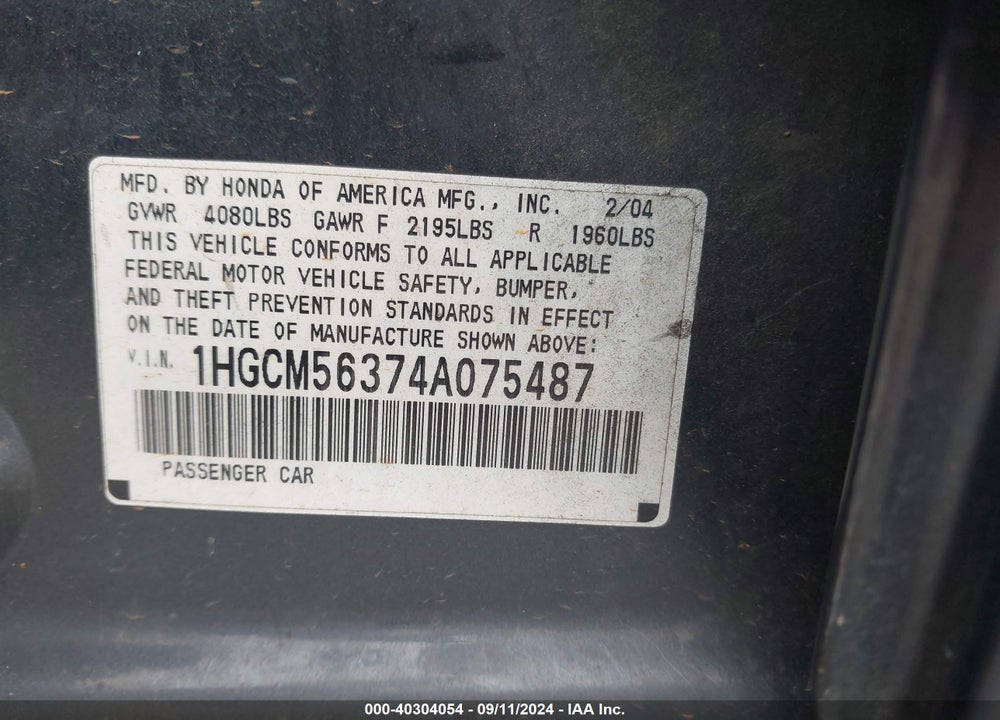 2004 HONDA ACCORD 2.4 LX VIN: 1HGCM56374A075487