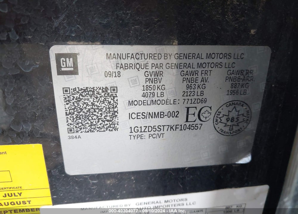 2019 CHEVROLET MALIBU VIN: 1G1ZD5ST7KF104557