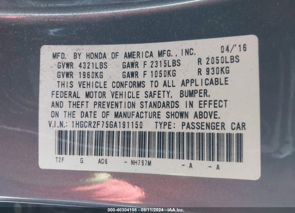 2016 HONDA ACCORD EX VIN: 1HGCR2F75GA191150