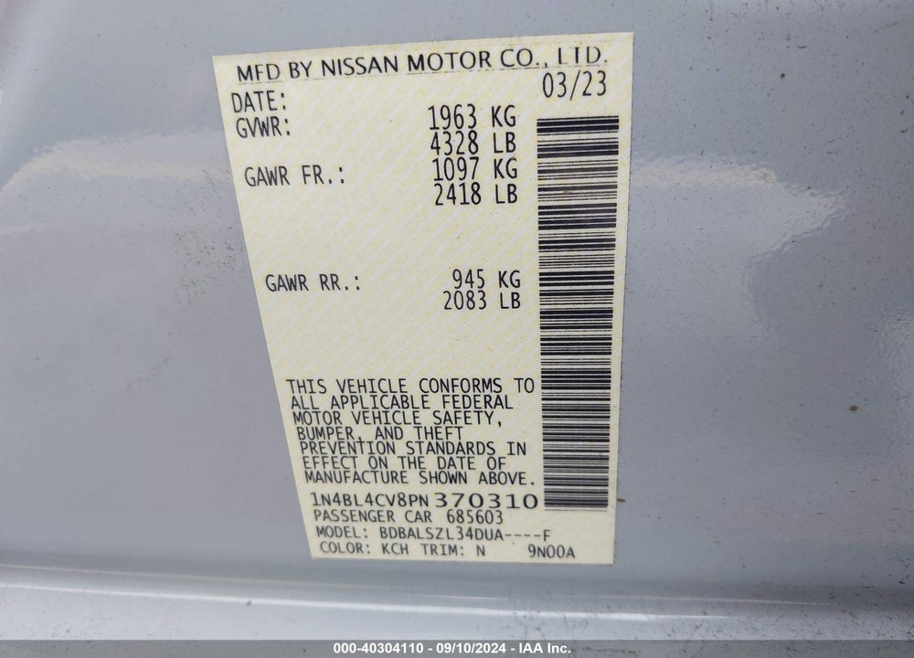 2023 NISSAN ALTIMA VIN: 1N4BL4CV8PN370310