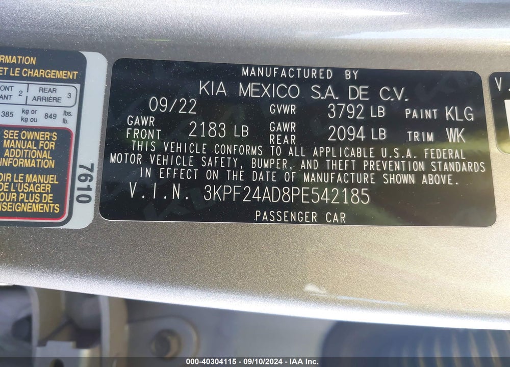 2023 KIA FORTE LXS VIN: 3KPF24AD8PE542185